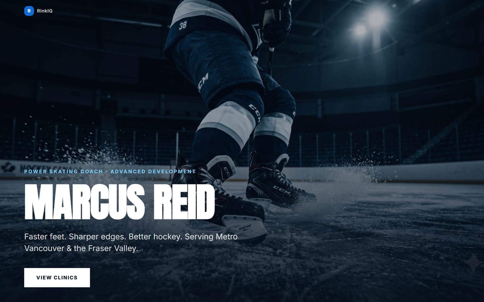 A RinkIQ hockey coach website: a power skating coach's public page with their name, tagline, service area and a View Clinics button.