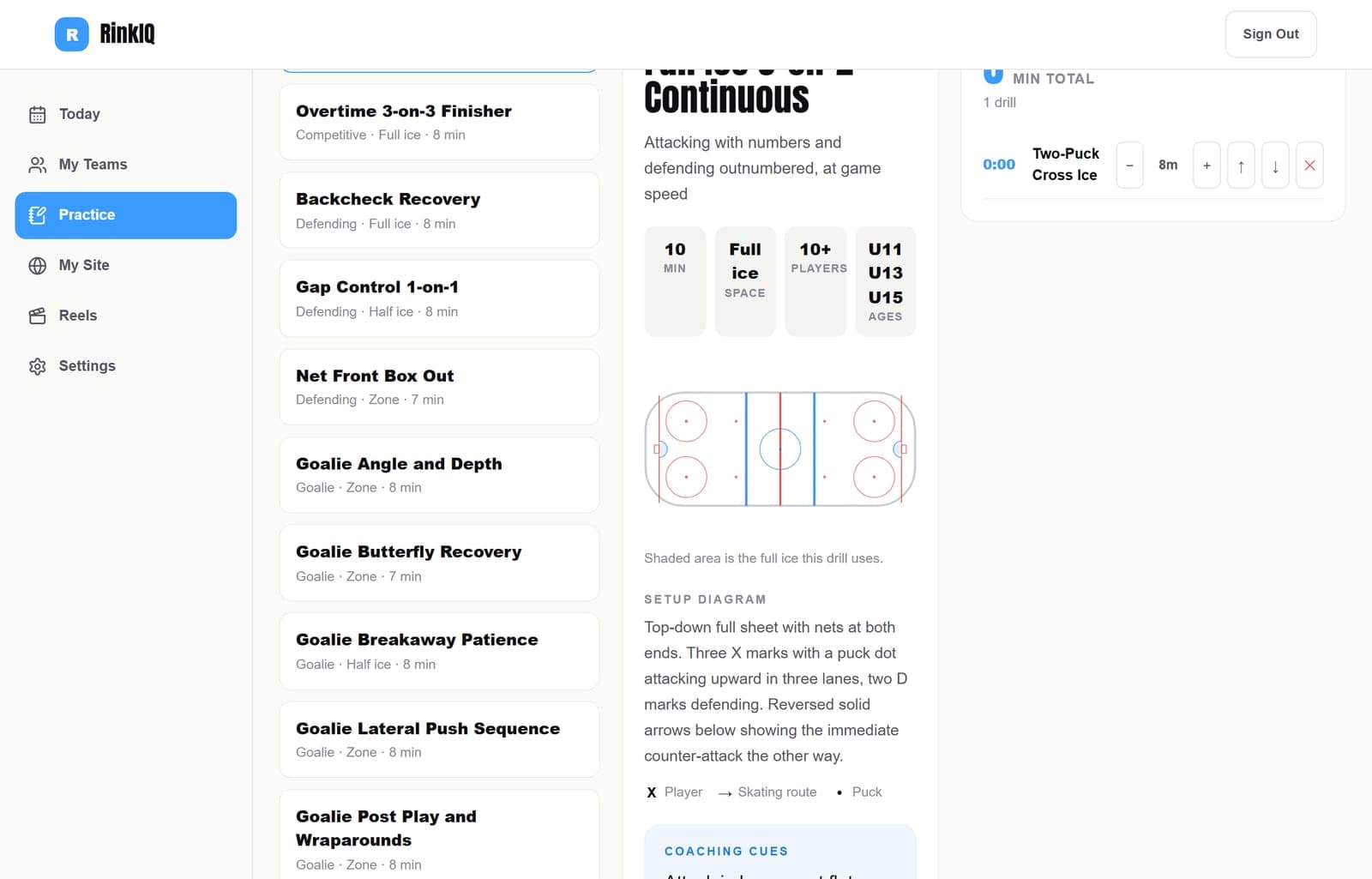 A hockey drill open in the RinkIQ planner with its rink diagram, duration, ice space, player count and coaching cues, beside a session builder showing a running time total.