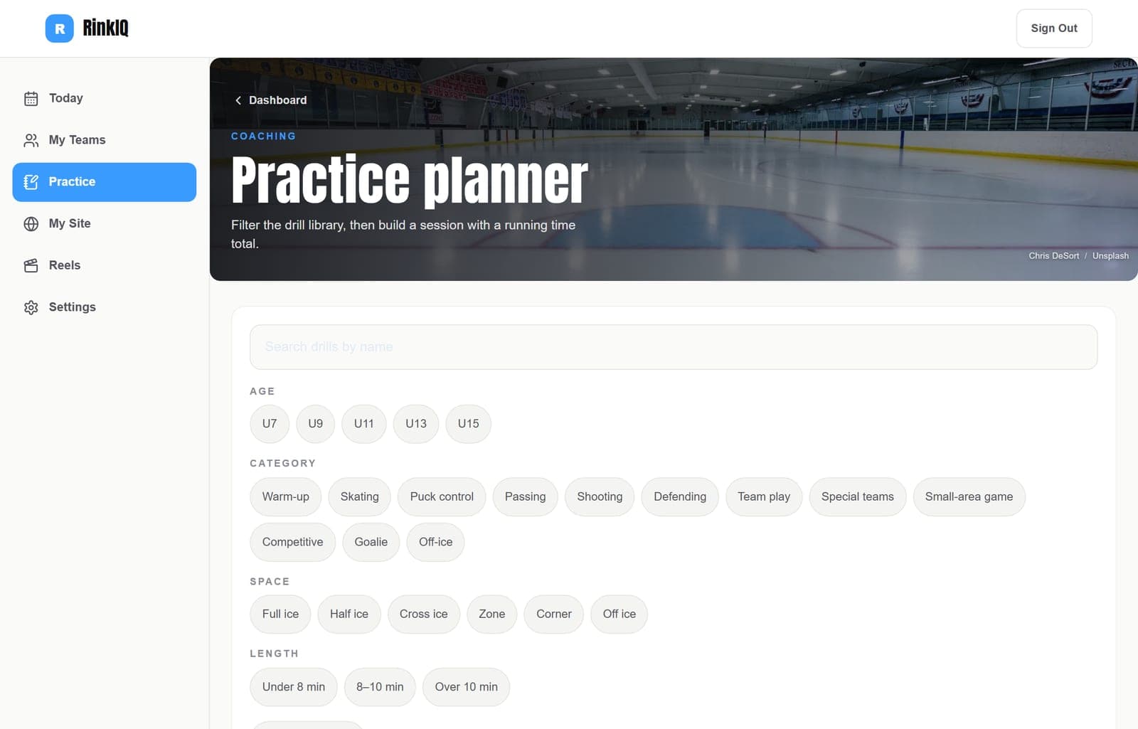 The RinkIQ practice planner filtering 56 hockey drills by age group, category, ice space and length.